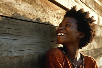 a woman smiling against a wood wall