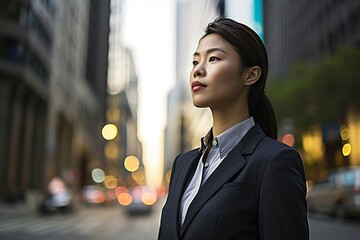 a woman in a suit standing on a street