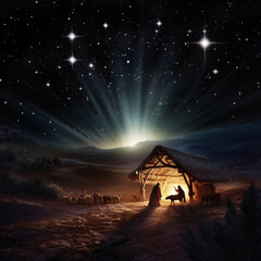 A nativity scene of Christ's birth on a starry night.