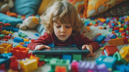 A white kid focus in screen, addicted to a tablet ignoring the toys around them, , Generative AI 