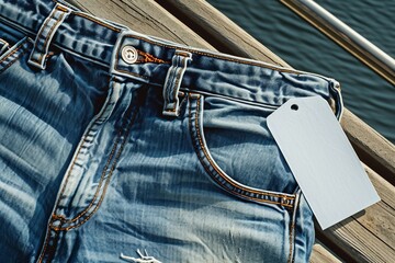a pair of blue jeans with a white tag on a wooden surface