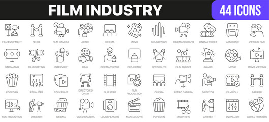 Film industry line icons collection. UI icon set in a flat design. Excellent signed icon collection. Thin outline icons pack. Vector illustration EPS10