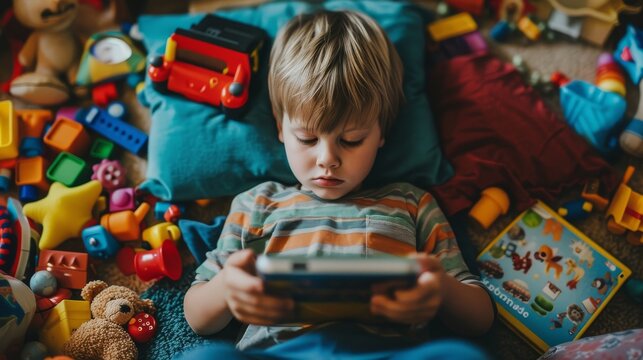 A white kid focus in screen, addicted to a tablet ignoring the toys around them, , Generative AI 