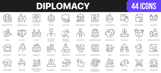 Diplomacy line icons collection. UI icon set in a flat design. Excellent signed icon collection. Thin outline icons pack. Vector illustration EPS10 - obrazy, fototapety, plakaty