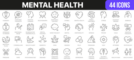 Mental health line icons collection. UI icon set in a flat design. Excellent signed icon collection. Thin outline icons pack. Vector illustration EPS10