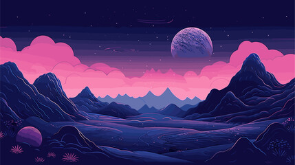 Surreal vector illustration depicting an otherworldly landscape on an alien planet  with exotic flora and fauna against a cosmic backdrop. simple minimalist illustration creative