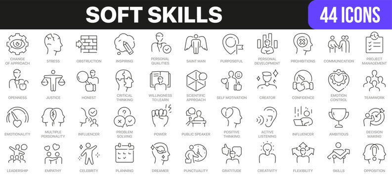 Soft skills line icons collection. UI icon set in a flat design. Excellent signed icon collection. Thin outline icons pack. Vector illustration EPS10