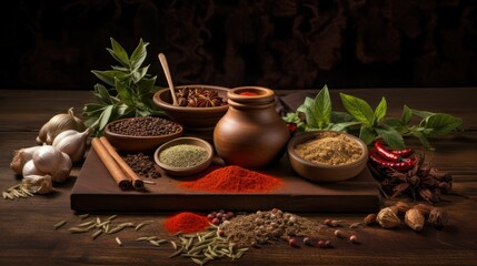 Traditional spice powder served on a wooden tray, pepper powder, garlic, cinnamon and other spices.