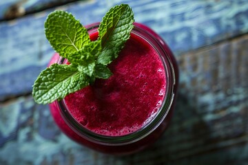 a glass jar with a red smoothie and a green leaf