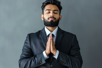 a man with his eyes closed and his hands together in prayer - obrazy, fototapety, plakaty