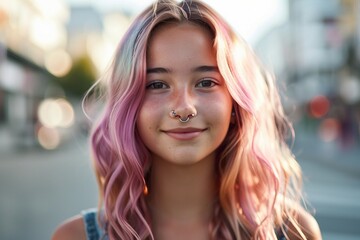 a girl with pink hair and a nose ring