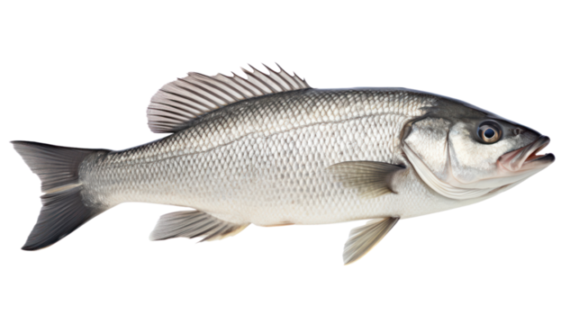 One fresh sea bass fish isolated on transparent and white background.PNG image