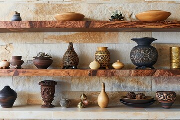 a shelf with vases and bowls on it