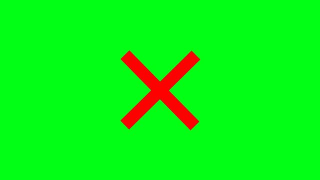 Animation in motion graphics of red cross mark symbol. Cross sign symbolizing wrong or false in animated motion Graphics, with black and green screen background.