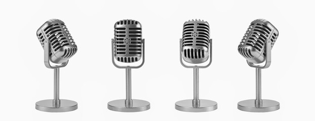 Closeup set of vintage retro style microphone silver chrome color isolated clipping path on white...