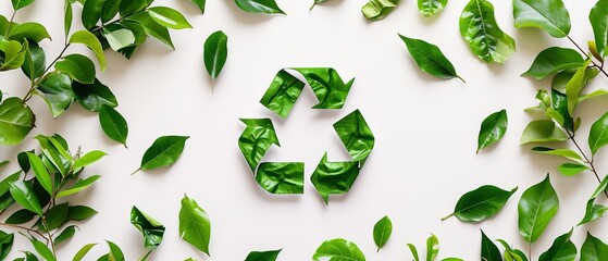 Recycling icon crafted from green leaves on a light background, embodying the principles of recycling, zero-waste production, eco-plastic, and eco fuel, with ample copy space - obrazy, fototapety, plakaty