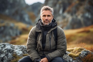 Handsome bearded man with gray hair is sitting on a rock in the mountains.
