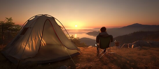 in front of the tent, sitting on a tent chair enjoying the sunset camping in the mountains
