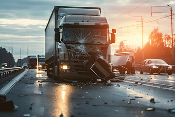 An accident involving semi truck broke down on highway road, accident report Generative AI