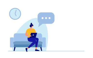 Young woman sitting on sofa and working on tablet, home office concept. Studying, freelance, modern lifestyle. Trendy flat illustration on white background.
