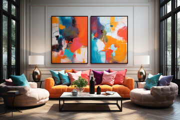 A modern living room with bright colors, featuring dark-colored sofas and a blank empty white frame on the wall, creating a chic and sophisticated atmosphere.