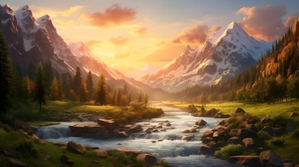 Fototapeta na wymiar Fantastic panoramic landscape with mountain river, forest and snow-capped peaks at sunset