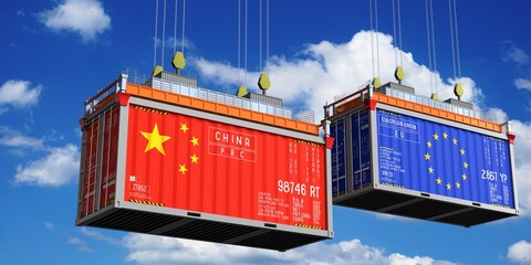Shipping containers with flags of China and European Union - 3D illustration - obrazy, fototapety, plakaty