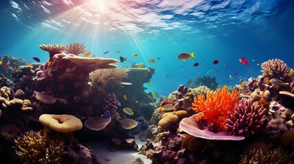 Underwater panorama of coral reef with tropical fishes and corals