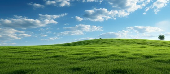 Green grass fields on small hills and transparent blue sky with thick clouds