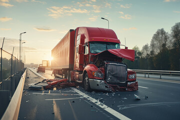 Semi truck was collided with highway road, an accident report was filed Generative AI - obrazy, fototapety, plakaty