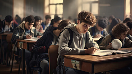 Group of students is taking exams on a subject in the class - obrazy, fototapety, plakaty