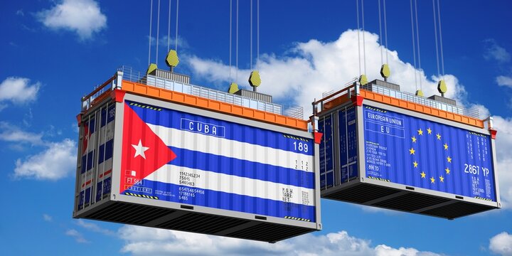 Shipping containers with flags of Cuba and European Union - 3D illustration
