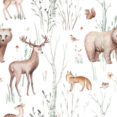 Watercolor Woodland animals seamless pattern. Fabric wallpaper forest with baby deer. Owl, fox and butterfly, Bunny rabbit set of forest, bear and bird baby animal Nursery - 725676742