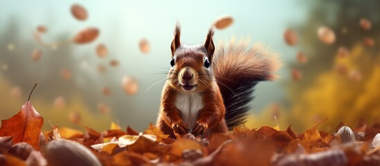 portrait of a red squirrel in autumn leaves eating cola seeds