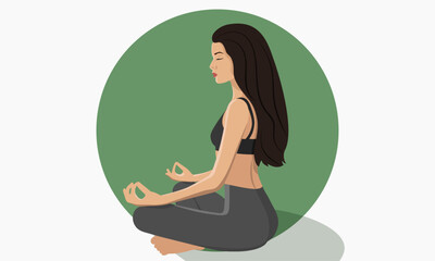 Young girl meditating in Lotus position. Black hair. Yoga character in Faceless style. Vector illustration.