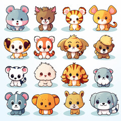 Draw many cute animals in a 2 years old style, sticker