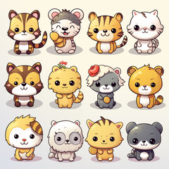 Draw many cute animals in a 2 years old style, sticker