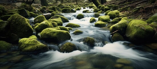 River water flows gently from mossy rocky hills