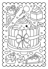 Tiramisu cake with cream, bow, cakes. Kawaii characters. Sweets, dessert. Cute coloring page for kids and adults, black and white vector illustration.