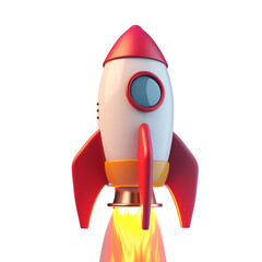 3D Render of Cartoon Spaceship Rocket Flying to Sky, Isolated on Transparent Background, PNG