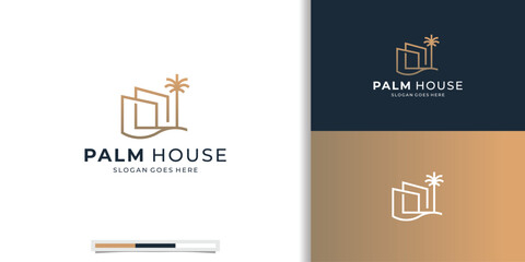 Luxury Palm house minimal logo design vector icon illustration. - obrazy, fototapety, plakaty