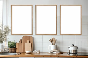 Three Frame mockup. Modern Kitchen with Wooden Accents and Dry Plants. Scandinavian kitchen design featuring wooden cabinets, a white countertop with dry pampas grass in a vase, and empty frame wall.