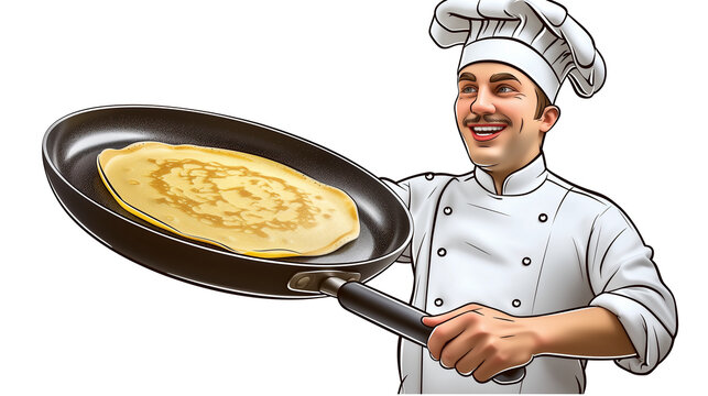 Digital illustration for pancake day or Mardi Gras, chef making French crepe pancakes in a frying pan, the man is smiling, he wears a white cook uniform and hat, isolated on transparent background