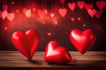 Valentine heart balloons on wooden background.