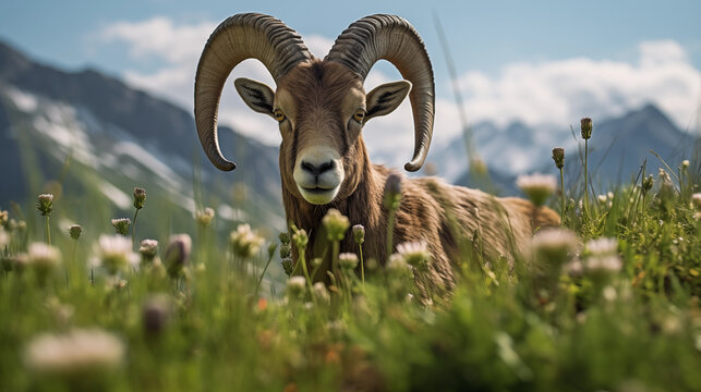 ibex on a slope in the alps looking over flowers towards the viewer