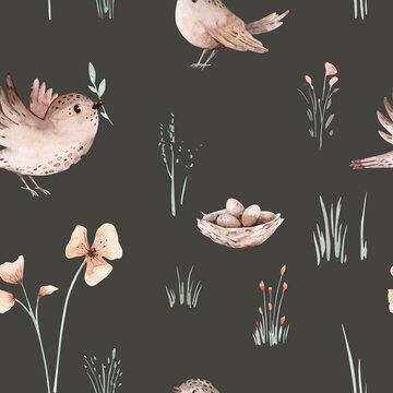 Watercolor Woodland birds seamless pattern. Fabric wallpaper forest with baby bird and nets, Floral flower forest, Nursery background