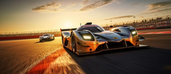 racing cars speed by as the sun sets - obrazy, fototapety, plakaty