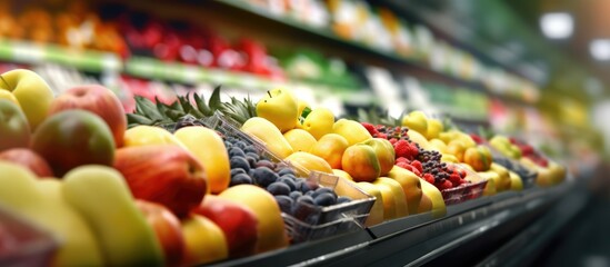 Modern fruit shop, fruits and vegetables blur view