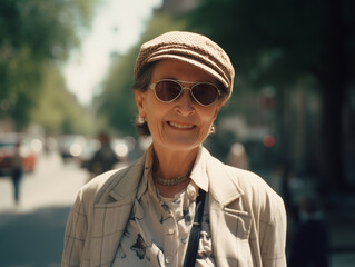 Outdoor closeup portrait of a beautiful 60 year old woman. Street on blurred background
