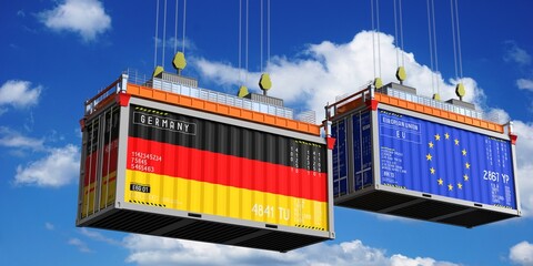 Shipping containers with flags of Germany and European Union - 3D illustration - obrazy, fototapety, plakaty